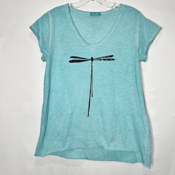 Three Stars Woman’s Top M? Turquoise Blue with Charcoal Gray Dragonfly Graphic - Picture 1 of 10